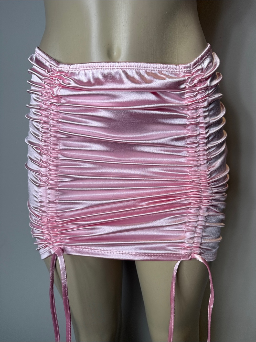 Ruched Satin Mini Skirt in Light Pink with Adjustable Side Ties